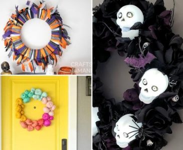 collage of three diy halloween wreaths