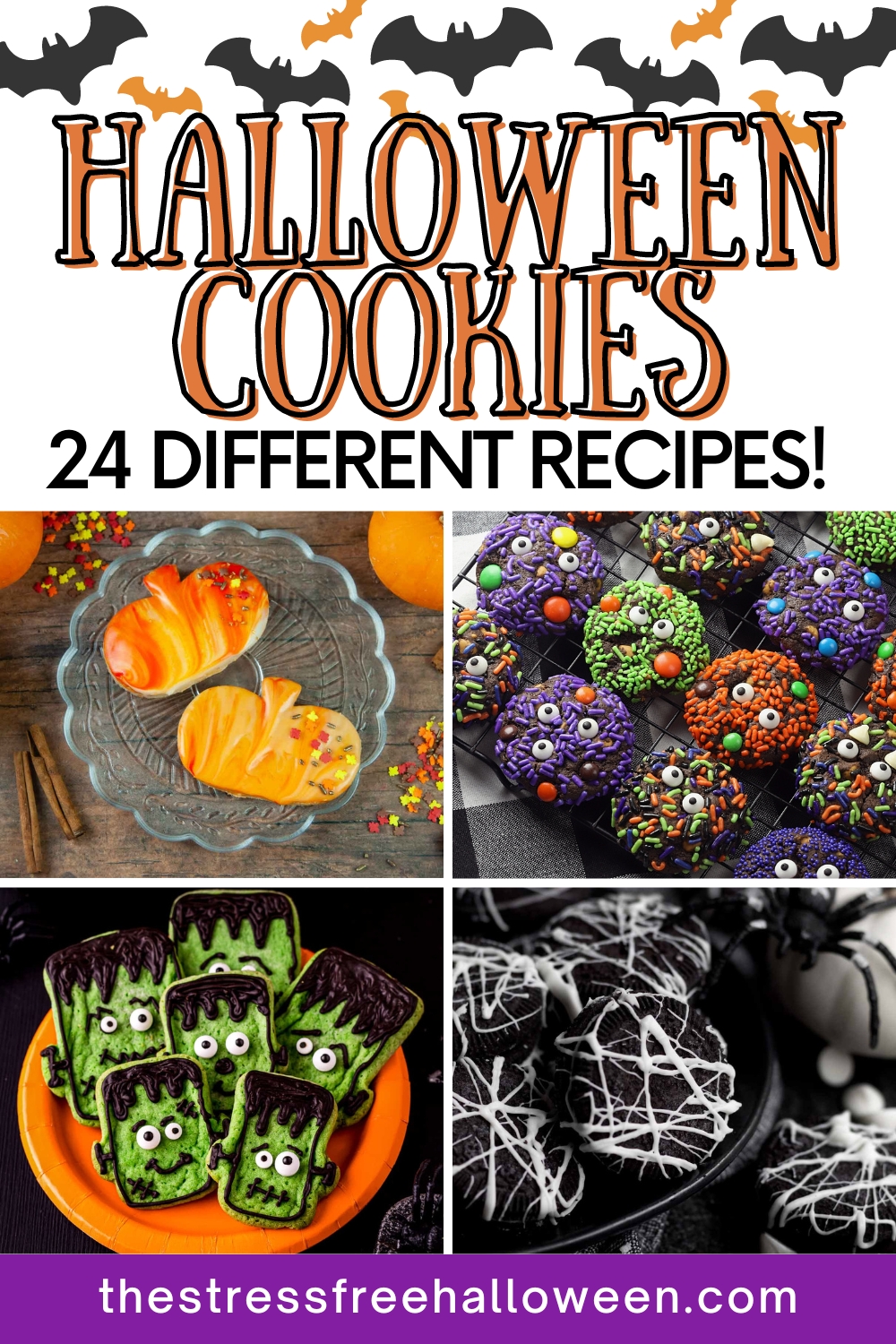 Collage with marbled pumpkin cookies, sprinkle cookies, monster cookies, and spider web cookies with text Halloween cookies 24 different recipes