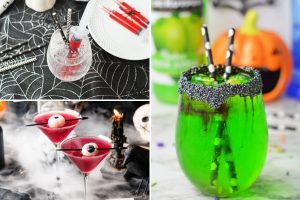 collage of three different Halloween cocktails