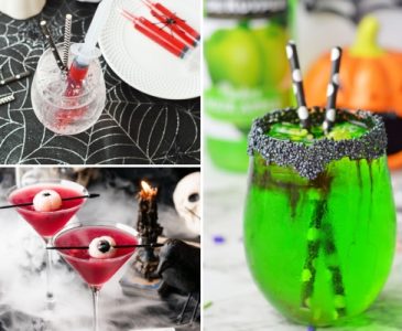 collage of three different Halloween cocktails