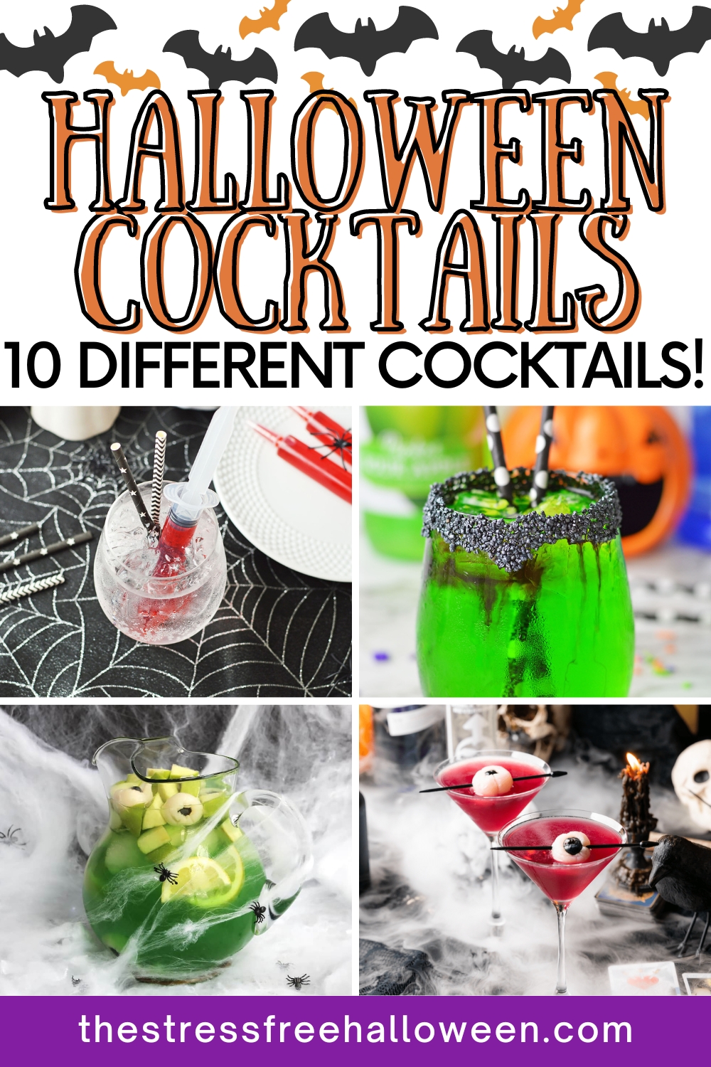 collage with four different spooky cocktails with text Halloween cocktails 10 different cocktails.
