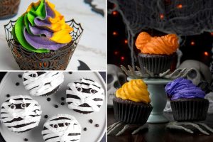 collage with green, purple, and orange cupcake, hocus focus cupcakes, and mummy cupcakes.
