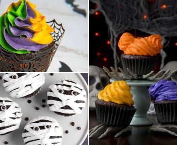 collage with green, purple, and orange cupcake, hocus focus cupcakes, and mummy cupcakes.