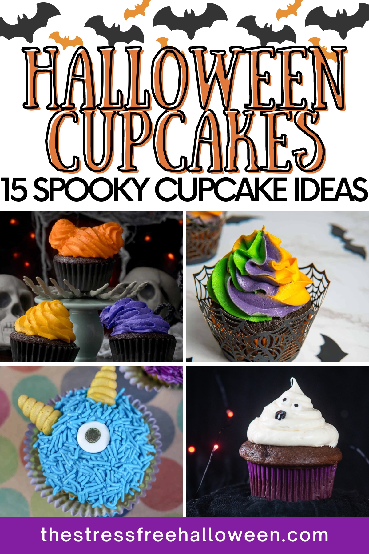 collage of Halloween cupcakes, hocus pocus cupcakes, green, purple, and orange cupcake, Halloween unicorn cupcake, and ghost cupcake, with text overlay Halloween cupcakes 15 spook cupcake ideas.